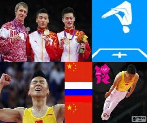 пазл Γυμναστική πόντιουμ σε ανδρικά Τραμπολίνο, Dong Dong (Κίνα), Dmitry Ushakov (Ρωσία) και Lu Chunlong (Κίνα) - London 2012 -